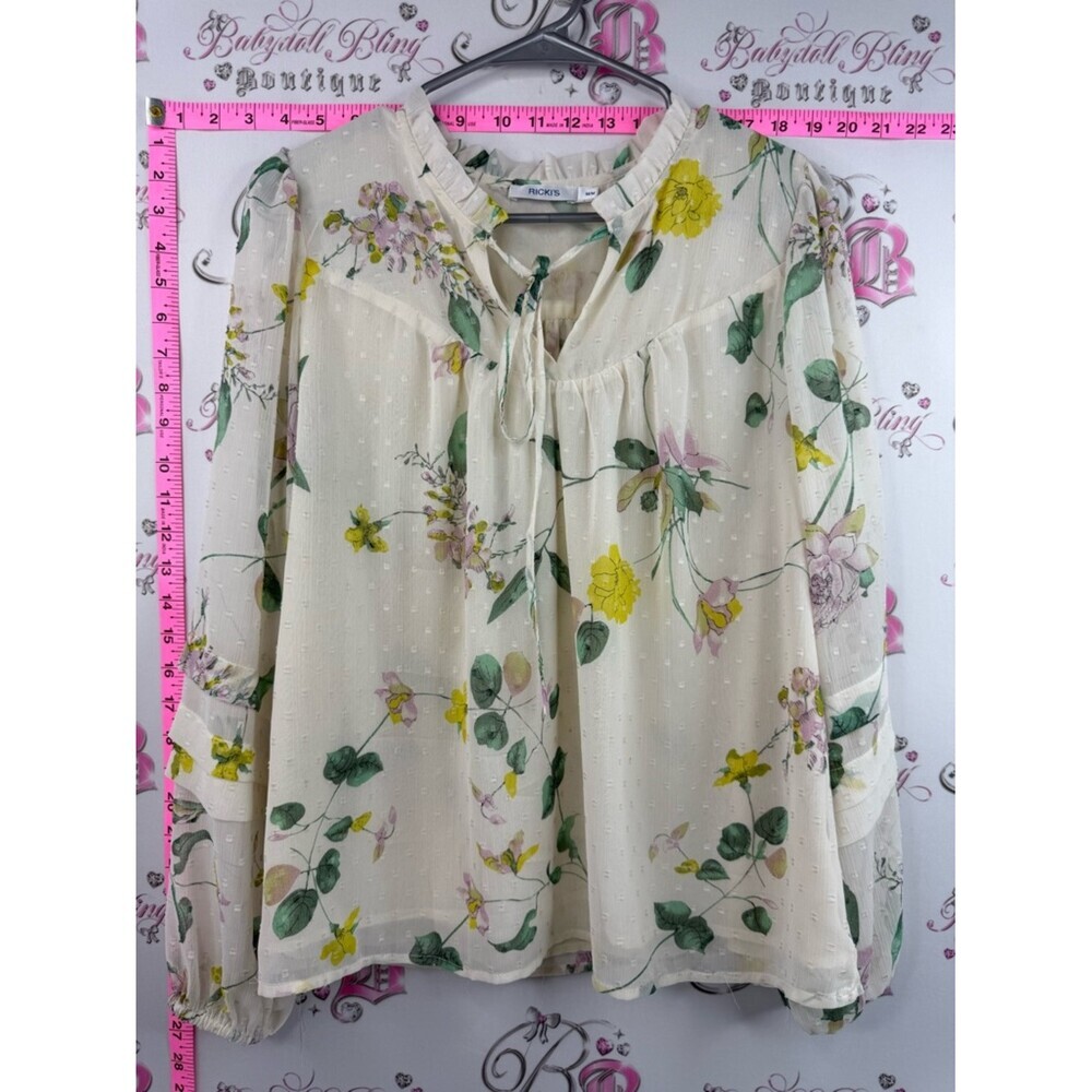 Ricki's blouse flowy Cream Floral Tie-Neck Blouse with Yellow & Green Accents